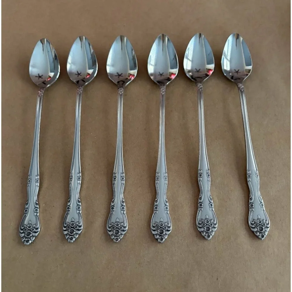 Vintage Rogers Co Dream Rose Stainless Iced Tea Spoons Set 6 Floral Cottagecore